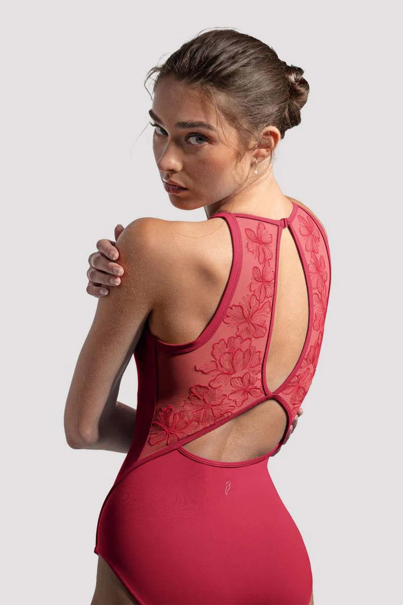 Ladies Iris Floral Halterneck Leotard (Cherry Red)